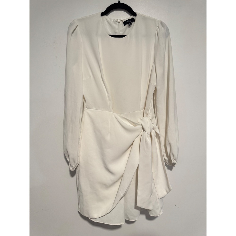 Lulus Womens White Long Sleeve Faux Wrap Mini Dress Side Tie Bridal Size L